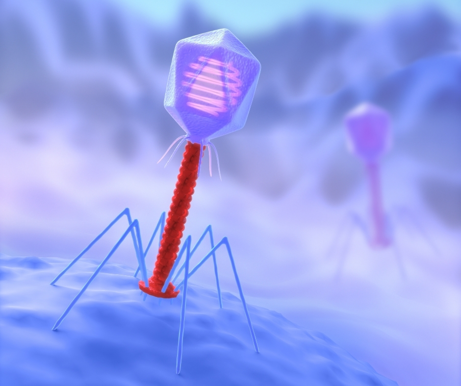 In the graphic: Bacteriophage on the body of bacteria during the application of genetic information. It aims to replicate the virus (about 200 in a few minutes from a bacterial protein)